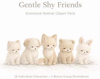 Gentle Shy Friends Clipart | Emotional Animal Watercolor PNG | Mindful Calm Animals | Transparent Clipart Pack