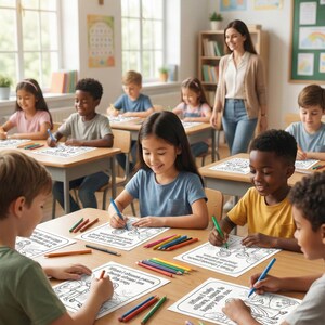 May include: A classroom scene with diverse children seated at desks, coloring worksheets with colored pencils. A teacher stands in the background. The worksheets have line drawings and text. The room has large windows and a cross on the wall.