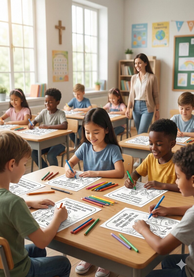 May include: A classroom scene with diverse children seated at desks, coloring worksheets with colored pencils. A teacher stands in the background. The worksheets have line drawings and text. The room has large windows and a cross on the wall.