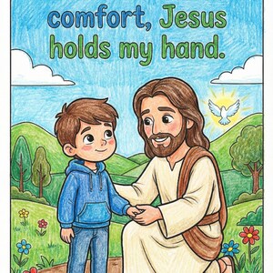 May include: A colorful illustration depicts Jesus holding a child's hand. The text reads, "When I need comfort, Jesus holds my hand." The background shows a landscape with trees, flowers, and a dove.