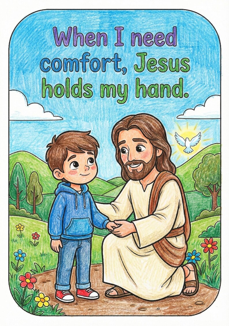 May include: A colorful illustration depicts Jesus holding a child's hand. The text reads, "When I need comfort, Jesus holds my hand." The background shows a landscape with trees, flowers, and a dove.