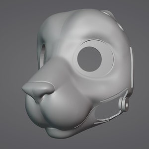 Puede incluir: Un modelo 3D gris de una máscara de animal peludo con grandes agujeros para los ojos y un hocico detallado.