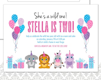 Wild One Birthday Party Invite, Stuffed animals Birthday Invitation, Safari, Stuffed Beanie Baby Invite, Two year old Birthday invite