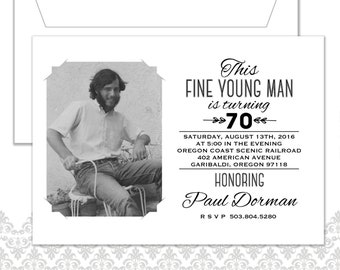 70th Photo Birthday Invite, Adult Photo Birthday Invitation, Modern black and white photo invite, Fine young man invite, 60th invite