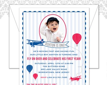 Födelsedagsinbjudan för flygplan och luftballong, flygplansinbjudan, luftballongens första födelsedag, flygplanets första födelsedagsfotoinbjudan