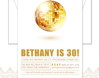 Disco Ball Invite, Gold Disco Ball Birthday Invite, 30th Birthday Invite, Disco Party Invite, Modern Disco Invitation, Gold Disco Ball