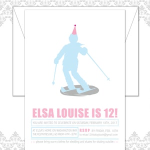 Skiing Birthday Invite, Ski theme, Ski party, Girl skier birthday invite, Skiing Party, Ski silhouette, modern skiing birthday invitation