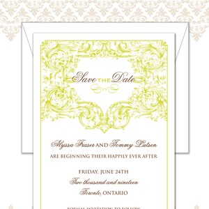 May include: A formal wedding invitation with a white background and a decorative lime green floral design. The text "Save the Date" is at the top, with the names Alyssa Fraser and Tommy Lutsen below. The date is June 24th, 2019.