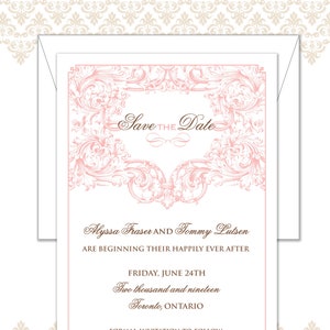 May include: A formal wedding invitation with a pink floral design and the words "Save the Date." The invitation includes the names Alyssa Fraser and Tommy Lutsen, the date, and location. The invitation is in a white envelope.
