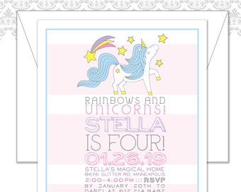 Unicorn and Rainbow Birthday Invite, Unicorn Party Invite, Magical Birthday Party Invitation, Unicorn Theme party, Rainbows and Unicorns