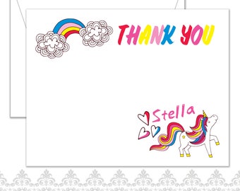 Unicorn Stationery Set of 10 cards and envelopes, Unicorns and Rainbows, Thank You cards, kid stationery, bright and cheery, hearts, pink