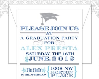 Invitation moderne de graduation, partie de grad, annonce de graduation, partie moderne de graduation 2018, chapeau de grad et gland, invitation neutre de genre