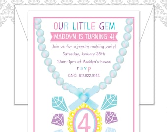 Jewelry Party Birthday Invitation, Our Little Gem, Gems Birthday, Necklace, Fourth Birthday, Pastels, Craft Jewelry Invite, Gems, diamond,