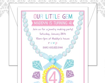 Jewelry Party Birthday Invitation, Our Little Gem, Gems Birthday, Necklace, Fourth Birthday, Pastels, Craft Jewelry Invite, Gems, diamond,