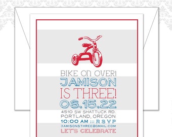 Tricycle Birthday Invite, Tricycle theme party, red tricycle party invite, modern tricycle invite, red tricycle themed, bikes, bike party,