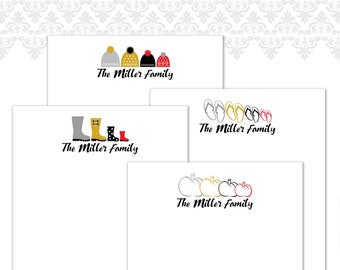 Family Stationery Set of 24 with matching address labels, Family Stationery, Winter, Spring, Summer, Fall, Winter Hats, Custom stationery