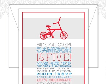 May include: A red bicycle illustration tops a party invitation. The invitation features the text "BIKE ON OVER! JAMISON IS FIVE!" with date, time, and RSVP information. The design includes red and blue text on a striped background.