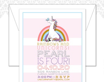 Rainbow and Unicorn Birthday Invite, Unicorn Party Invite, Magical Birthday Party invite, Unicorn Theme party, Rainbows & Unicorns, pastel