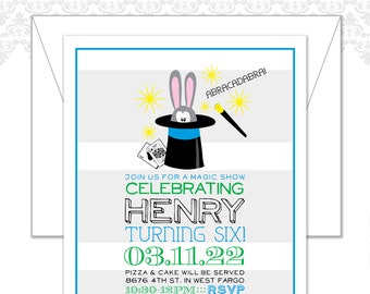 Magician Party Birthday Invite, Magic tricks party, Bunny in a hat, rabbit in a magician's hat, retro invite, boy or girl magician party