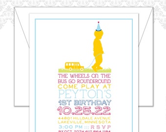 School Bus Invite, School Bus Party, Bus Birthday Invite, child and bus Invitation, girl or boy, wheels on the bus go round and round, Bus