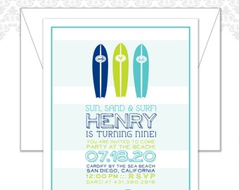 Surfboard Beach Party Invite with envelopes, Beach party, surfboards, surfer party, ocean, waves, beach invite, surf party, modern invite,