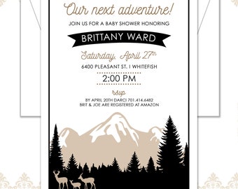 Our Next Adventure Baby Shower 15 Invites, Adventure Awaits shower invite, Woodland, Unisex baby shower, Mountains, Evergreens, Deer family,