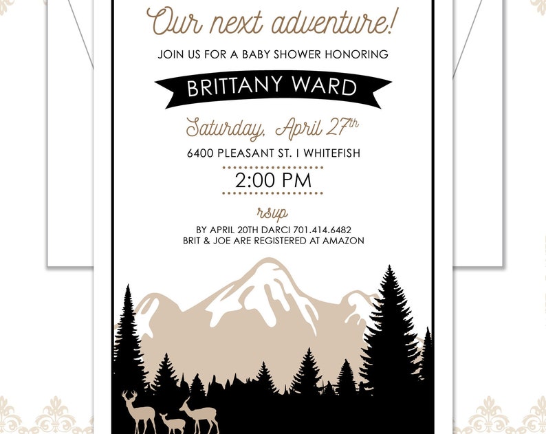 Our Next Adventure Baby Shower 15 Invites Adventure Awaits shower invite Woodland Unisex baby shower Mountains Evergreens
