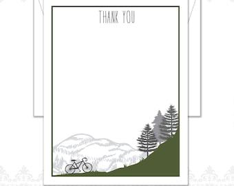 Mountains and Bike Stationery Set of 20 with envelopes, woodland, evergreens, Outdoorsy, nature cards, bike, trees, scenic stationery