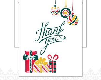Holiday Thank you cards set of 25, Family Holiday Stationery, ornaments, wrapped presents, Holiday stationery, red & green, Christmas