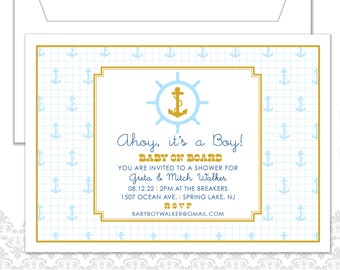 Ahoy it's A Boy Baby Shower Invitation, Baby on Board, Nautical Baby Shower, Anchor Invite, Sailing, Fishing, Anchor, Captain's wheel, ahoy