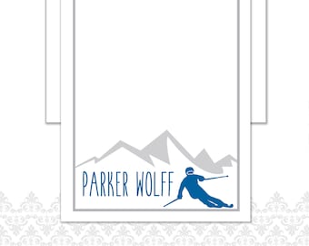 Skier stationery set of 15 with envelopes, Custom Note Cards, Ski racer, Skier, Skiing, Mountains, downhill skiing, ski poles, goggles,