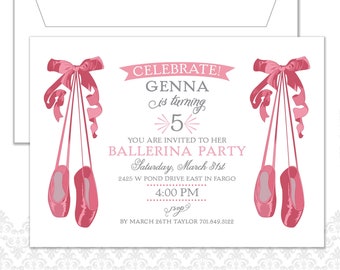 Ballerina Birthday Party Invitation with envelope, Dance, Ballerina, Ballet, Ballet slippers, Dance Party, Kid Party, pink, dancer,