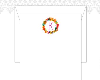 Fall family Wreath Stationery Set of 15 with envelopes, Monogram, fall, Wreath Stationery, Family Stationery, Custom Note Cards, leaves
