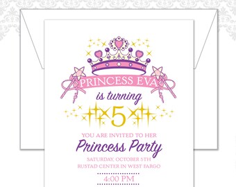 Princess Birthday Invitation, Modern Princess Invite, Princess Crown Birthday Invite, Princess Party, Princess wands, Hearts, Crown, Wand