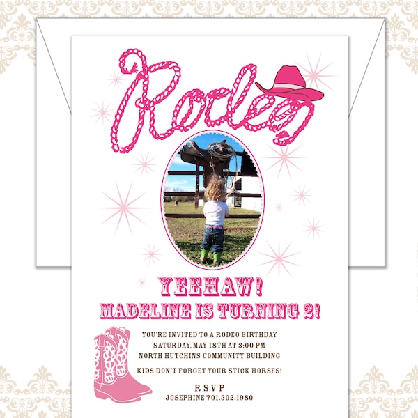 Rodeo Birthday Invitation, Cowgirl Party Invite, Yeehaw, Western Rodeo Invite, Rodeo theme, Cowgirl boots, cowboy boots, cowgirl hat, rodeo