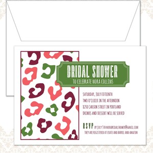 May include: A white invitation with a matching envelope. The invitation features a green and white banner that reads "Bridal Shower". The invitation has a pattern of maroon, green, and coral shapes. The invitation includes the date, time, location, and RSVP information.