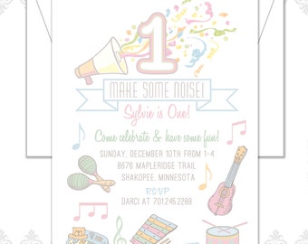 Musical Party Invite, First Birthday, Musical Invite, Musical Instruments, drums, musical notes, keyboard, maracas, xylophone, guitar,