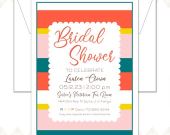 Modern Bridal Shower Invite, Stripes Shower invite, Modern wedding shower invitation, bright, happy, scallops, scalp pattern, shower invite