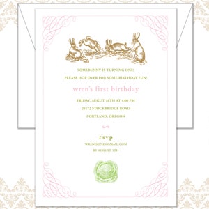 Bunny Rabbit 1st Birthday Invite, First Birthday Party, Vintage Invitation, Bunny Birthday, Garden Party, Rabbits, Somebunny is one Invite