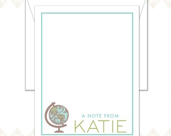 Globe Stationery set of 15 with envelopes, custom stationery, personalized note cards, Globe, teacher stationery, world traveler, modern