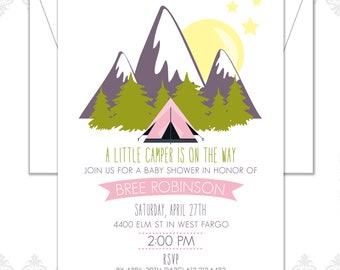 Little Camper Baby Shower Invite, Woodland shower, evergreens, tent, outdoorsy, little camper, mountains, baby shower, sunset, camping, tree