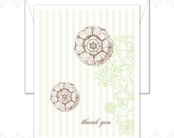 Vintage Floral Thank You Cards Pack of 15, Vintage design, Flower thank you card, garden, green, stripes, spring, vintage floral, thank yous