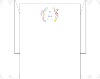 Monogram floral stationery set of 20 with envelopes, flowers, monogram, tulip, rose, colorful stationery, spring stationery, custom cards