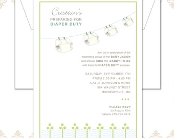 Diaper Baby Shower Invitation, Vintage baby shower invite, boy or girl baby shower, diapers, clothesline, baby shower, diaper duty, organic