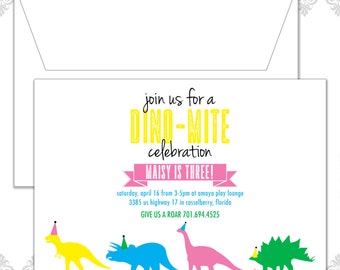 Girl Dinosaurs Birthday Invite, Girl Dino Party, Dinosaur Invite, Modern Dinosaur Party, Triceratops Invite, Pink Dinosaur, Party Hats