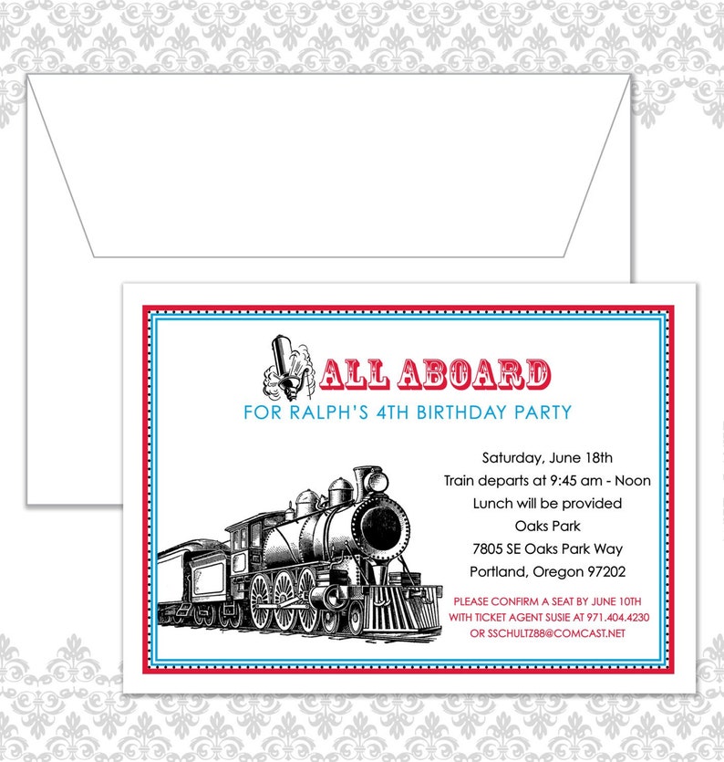 Train Birthday Invite, Railroad Train Party, Train Whistle Invitation, Vintage Train Birthday Invite, Choo Choo Train, railroad, vintage image 1