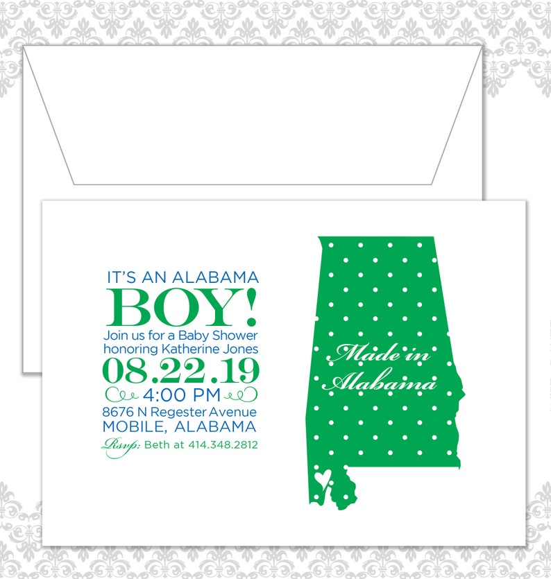 State Baby Shower Invite available in all states, Alabama Boy Shower Invite, Custom State Shower Invite, It's a Boy, Alabama Boy, Baby image 1