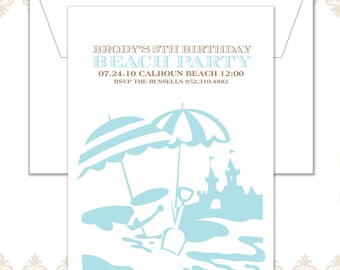 Beach Party Invite, Beach Birthday Invite, Sandcastle, Beach, Umbrellas, sand pail, shovel, modern beach invite