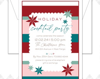 Holiday Cocktail Party Invite, Christmas Party Invite, Holiday Party, Calligraphy Holiday Invite, snowflakes, modern invite, stripes, fun