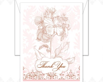 Vintage Floral Thank You Cards Pack of 15, Damask, Vintage design, Flower thank you card, garden, pink, thank you, spring, flower growing